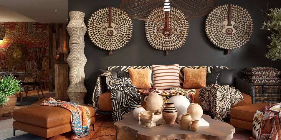 cozy living room filled with ethnic decorations and warm textiles featuring smart furniture arrangement, showcasing a vibrant bohemian style, highlighting Homestyler's real-time 3D rendering feature.