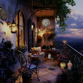 cozy balcony seating arrangement showcasing floral decorations and ambient lighting in Mediterranean style, utilizing Homestyler's 3D rendering feature for realistic design visualization.