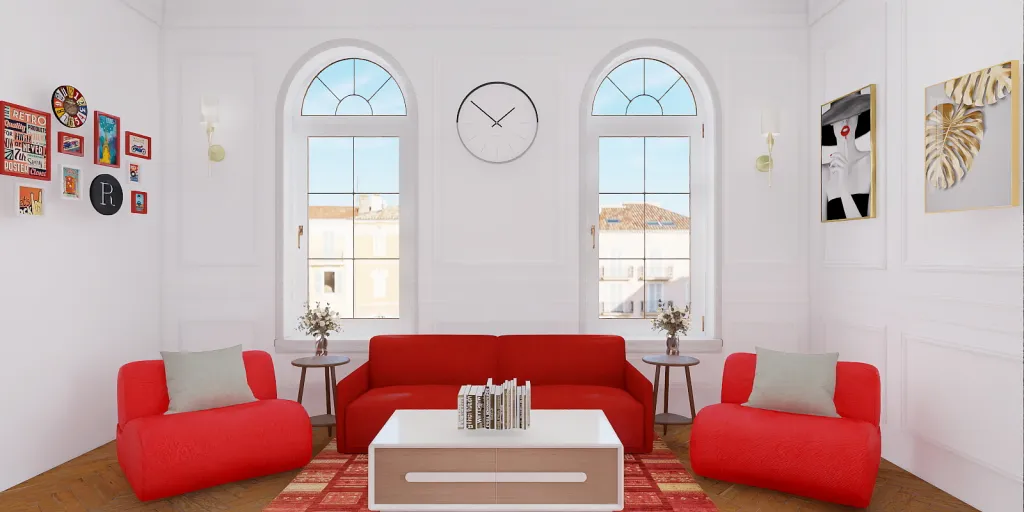 a living room with a couch, coffee table and a clock 