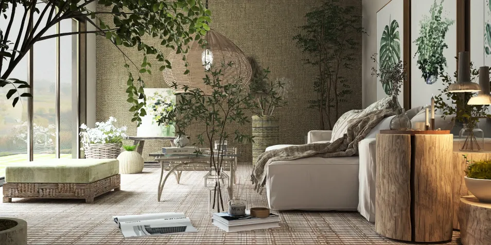 Living room with modern furniture arrangement showcasing a cozy atmosphere in a neutral color palette, highlighting natural elements and lush greenery, utilizing Homestyler's real-time 3D rendering feature to visualize the design.