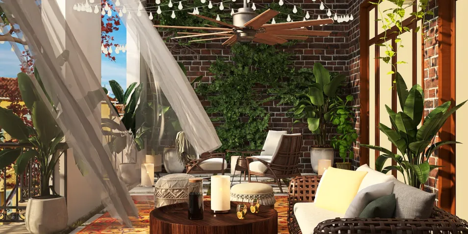 cozy outdoor balcony seating arrangement with plants and decorative elements, designed in a rustic style, showcasing Homestyler's real-time 3D rendering feature