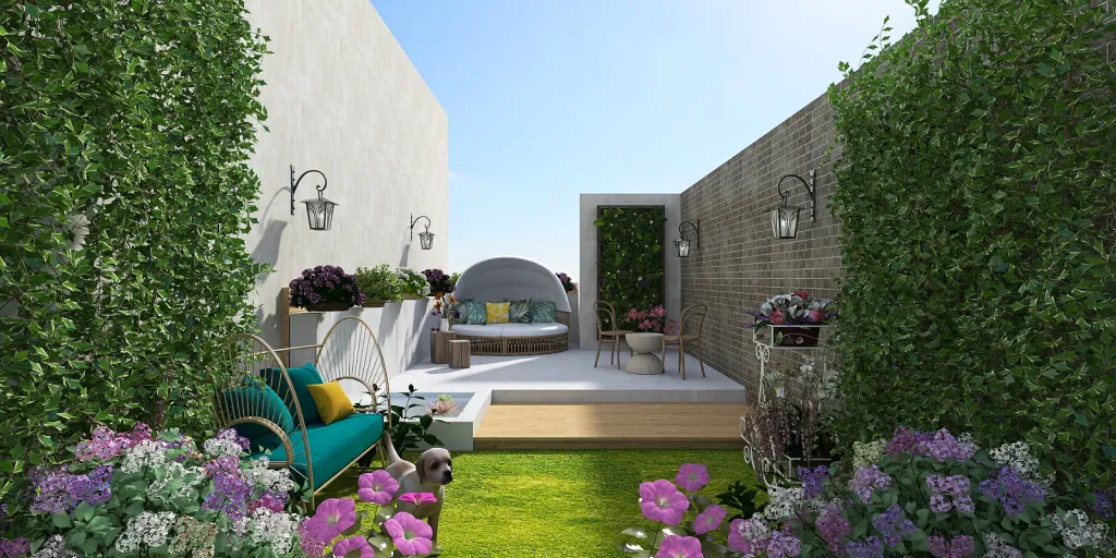 a garden with flowers and a patio with a lawn chair 