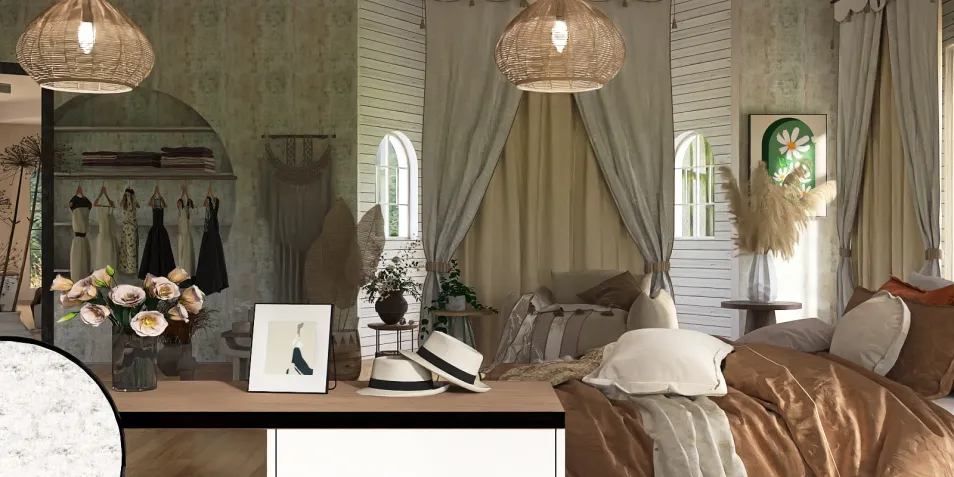 cozy bedroom interior design featuring a mix of textiles and natural decor, showcasing an elegant style with bohemian influences and an emphasis on comfort, powered by Homestyler's real-time 3D rendering feature.