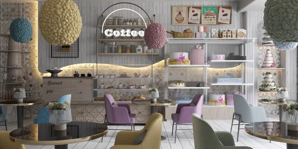 colorful coffee shop interior design featuring a bakery display and vibrant decor, utilizing Homestyler's real-time 3D rendering functionality for rapid visual previews