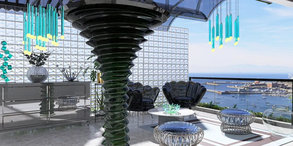 3D interior design featuring a modern outdoor lounge space with a spiral glass column, showcasing a luxury setting with ocean views, utilizing Homestyler's real-time 3D rendering for visualizing design proposals.