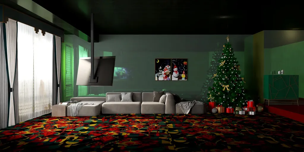 a living room with a christmas tree in the corner 