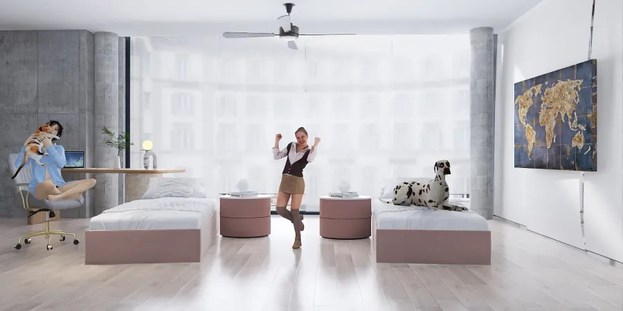 a man standing on a bed in a room 