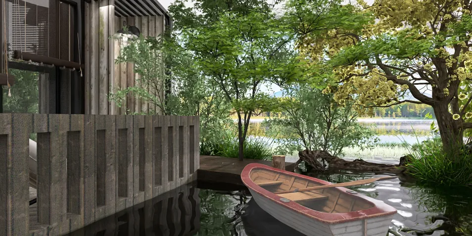 serene lakeside view featuring a wooden boat docked by a rustic cabin surrounded by lush greenery in a tranquil outdoor setting, illustrating Homestyler's real-time 3D rendering for landscape design.