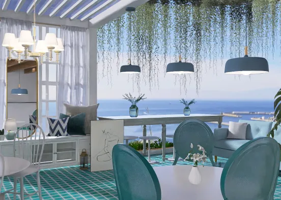 Just a white & blue cafe near the ocean Design Rendering
