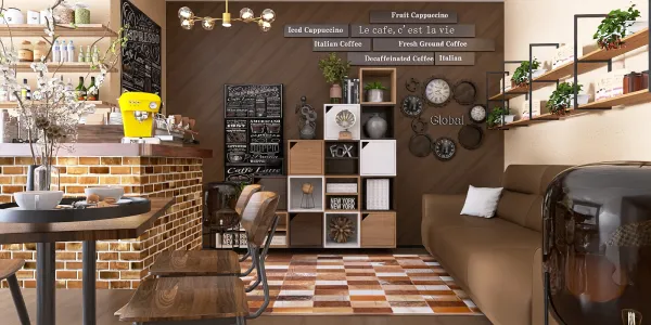 modern living room with cozy seating arrangement and coffee bar design showcasing a rustic style and optimal space utilization using Homestyler's smart furniture arrangement feature.