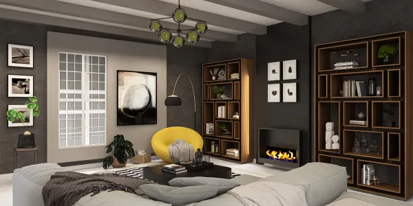 modern living room featuring cozy sofa and stylish bookshelf with art displayed, designed using Homestyler's real-time 3D rendering for effective interior decor visualization.