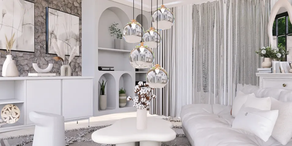 Modern living room with minimalist furniture arrangement showcasing a bright and airy atmosphere, featuring a soft color palette and decorative elements, optimized using Homestyler's real-time 3D rendering for quick design previews.