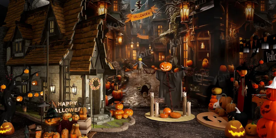Halloween-themed street scene with festive decorations and illuminated pumpkins showcasing a cozy design style, perfect for seasonal interior decor.