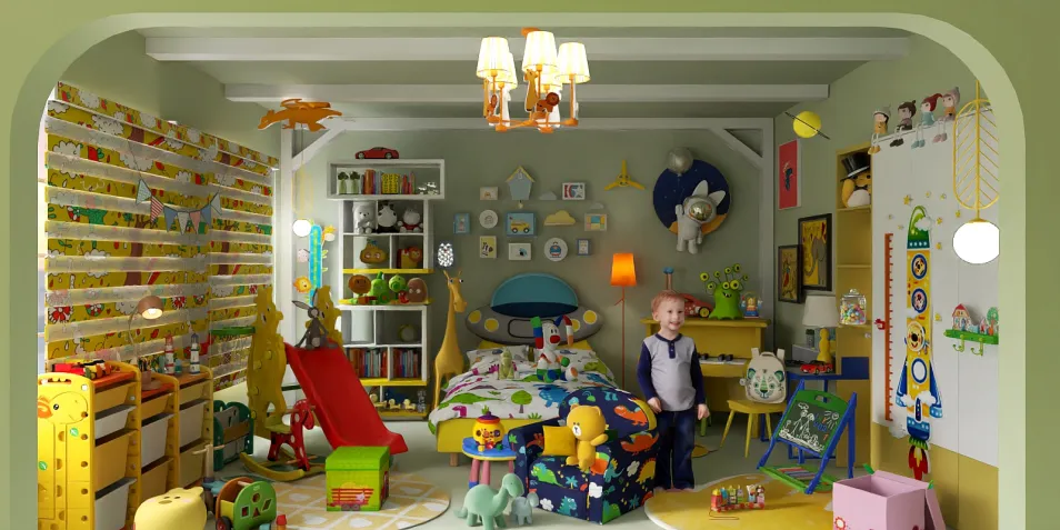 colorful children's bedroom with playful decor and toys, designed using Homestyler's real-time 3D rendering for an interactive layout experience.