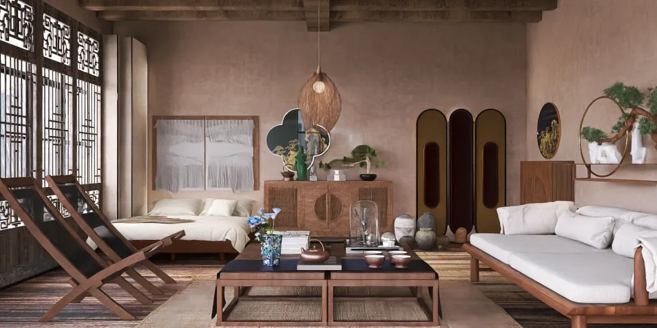 wooden furniture arrangement in a modern rustic style living room, featuring a cozy and warm atmosphere, showcasing Homestyler's real-time 3D rendering feature for interior design.