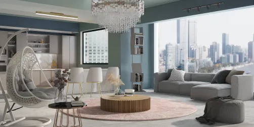 living room + kitchen + dining room 