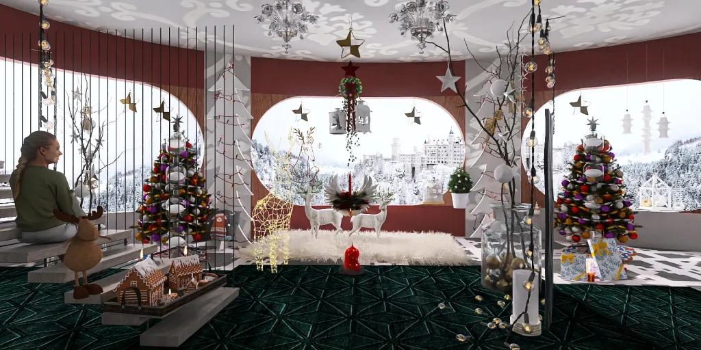 a christmas tree in a room with a large window 