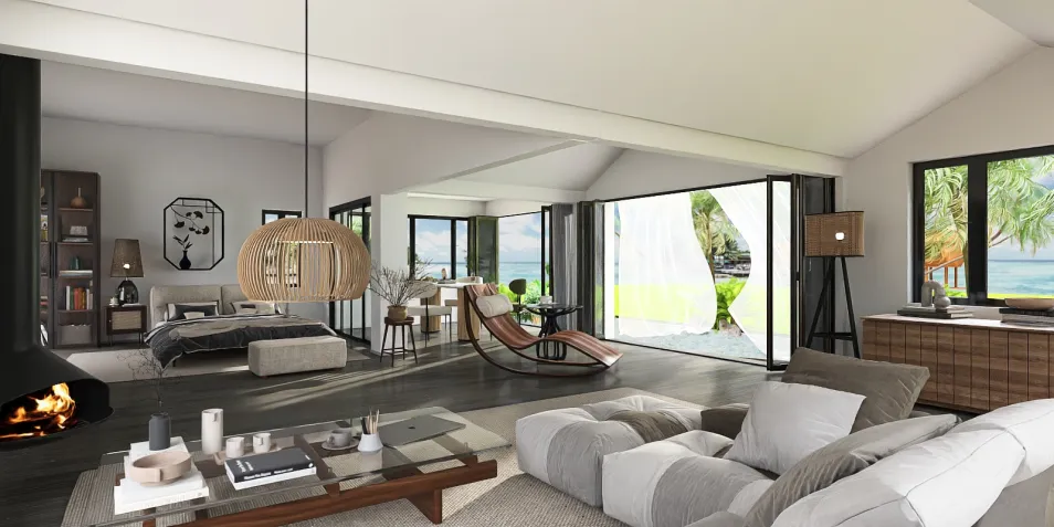 spacious living room with modern furniture layout showcasing a contemporary design style and natural light, featuring Homestyler's real-time 3D rendering for interior design visualization.