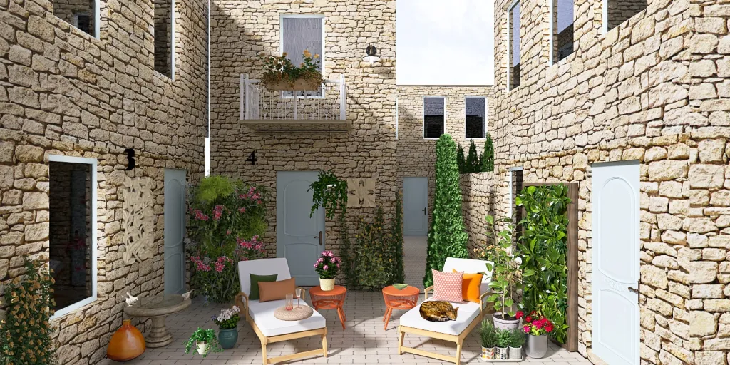 a small garden with a stone wall and a stone patio 
