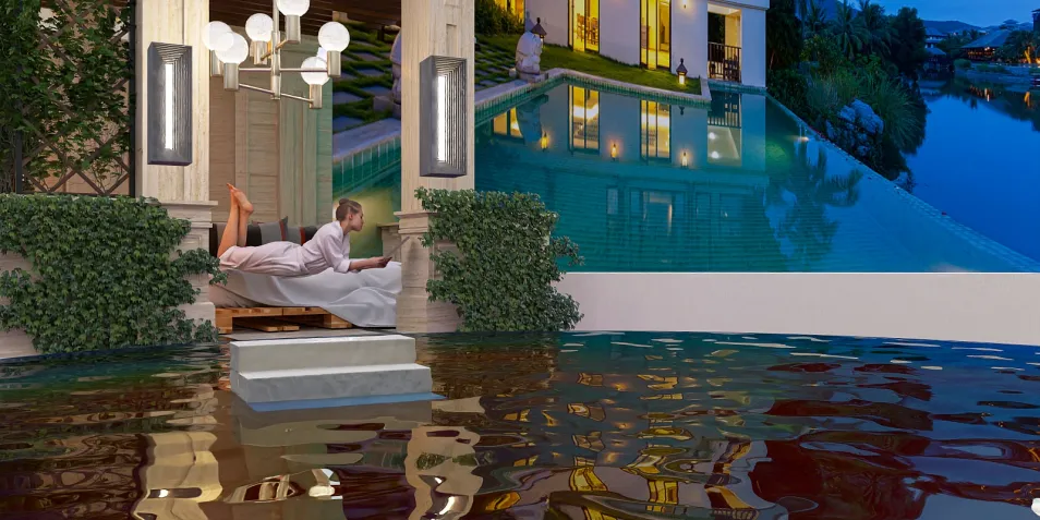 Stylish outdoor lounge area with a relaxing atmosphere featuring a modern lamp design, surrounded by water, showcasing a serene tropical space optimized for comfort and leisure using Homestyler's real-time 3D rendering.