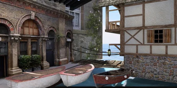 boats by the waterway enhancing the coastal scene with rustic charm, showcasing 3D rendering feature of Homestyler for realistic interior design visualization.