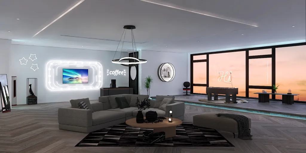 a living room with a couch, chair, and a tv 