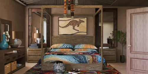 four-poster bed featuring indigenous art design in a cozy bohemian style bedroom, showcasing interior decor optimization through Homestyler's real-time 3D rendering feature.
