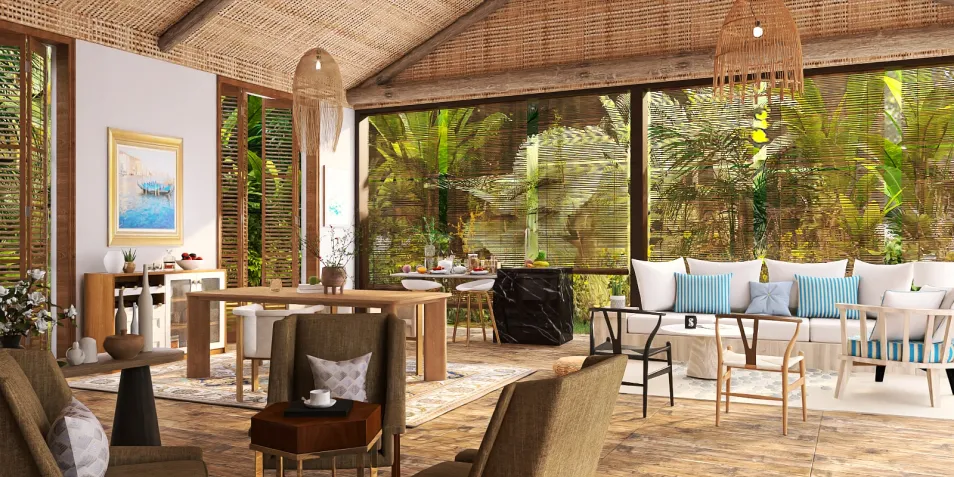 cozy living room with tropical plants featuring an open layout design style using Homestyler's real-time 3D rendering for quick decor visualization