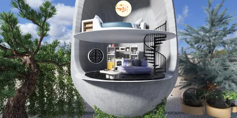 futuristic egg-shaped house showcasing interior design elements with a spiral staircase and cozy bedroom in a contemporary style, enhancing small space utilization with Homestyler's smart furniture arrangement feature.