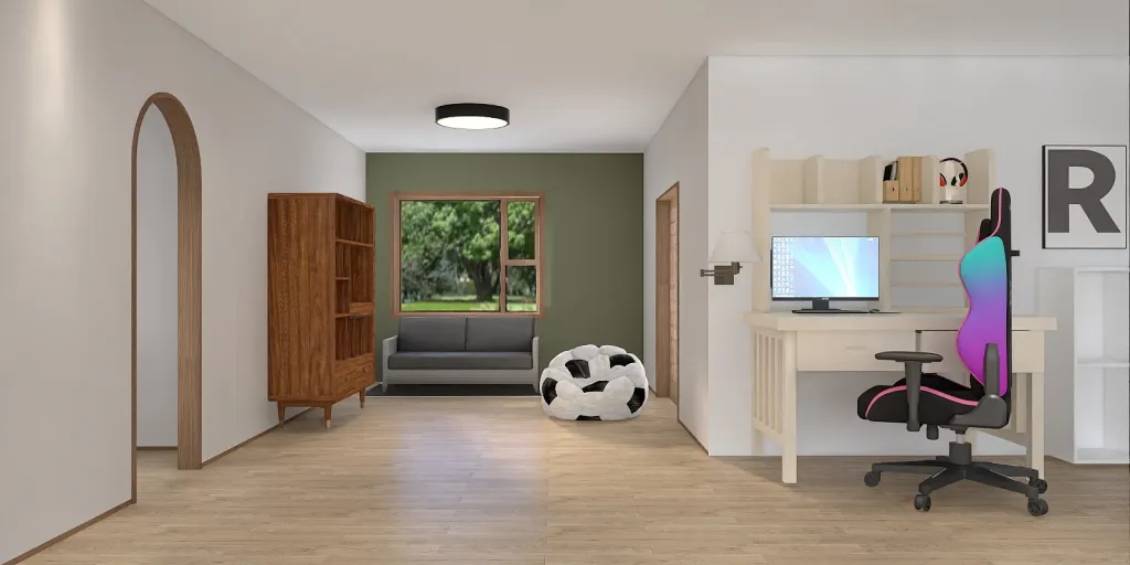 a small room with a desk and a dog 