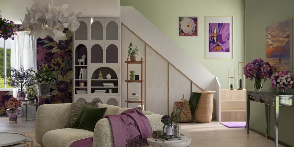 cozy living room featuring elegant decor and vibrant plant themes with furniture arrangement enhancing small space optimization using Homestyler's smart furniture layout feature