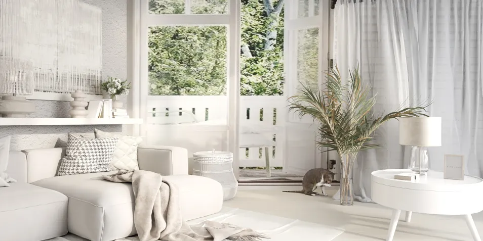 modern living room design featuring cozy seating arrangement and large windows with greenery view, utilizing Homestyler's real-time 3D rendering for instant design visualization.