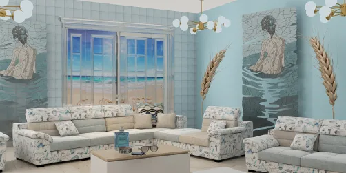 Living room with floral patterned sofas featuring a coastal mural on blue walls, designed for a serene atmosphere, showcasing a modern interior design style using Homestyler's real-time 3D rendering feature.