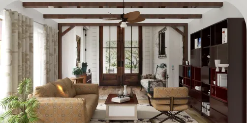 Cozy living room interior featuring an inviting seating arrangement with a sofa and armchairs, showcasing a rustic design style with wooden beams and a warm ambiance, emphasizing the beauty of 3D interior design visualization with Homestyler's real-time 3D rendering feature.