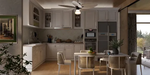 modern kitchen design featuring a cozy dining area with smart furniture arrangement using Homestyler's real-time 3D rendering for an optimal interior decor experience.