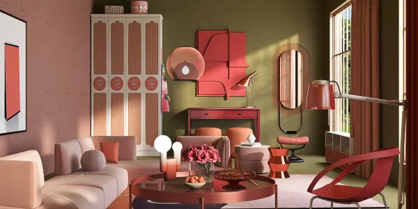 Modern living room with stylish furniture arrangement using smart furniture layout technology, featuring a contemporary pastel color scheme, showcasing homestyler's real-time 3D rendering capabilities for an immersive design experience.