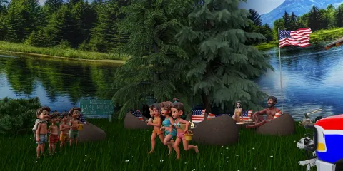animated children playing outdoors near a lake with trees and an American flag in the background, showcasing a vibrant outdoor scene that emphasizes leisure and fun.