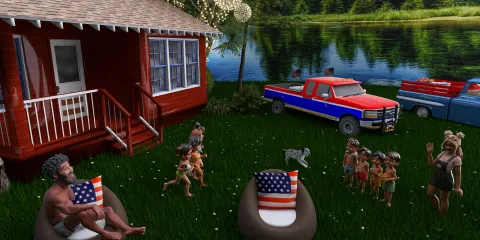 Outdoor gathering in a lush green yard featuring a rustic red cabin, playful children with flags, modern pickup trucks, and a welcoming summer atmosphere, showcasing a vibrant family-friendly design.