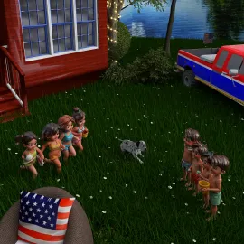 children playing with a dog in a vibrant outdoor setting featuring a red house and truck, capturing a playful summer vibe, showcasing outdoor living space design with Homestyler's 3D rendering.