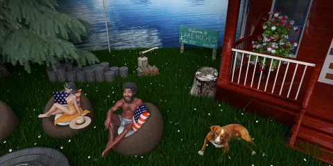 Outdoor seating area with people relaxing and enjoying nature, featuring a rustic cabin style and a cozy atmosphere, ideal for creating inviting and comfortable outdoor spaces using Homestyler's real-time 3D rendering.