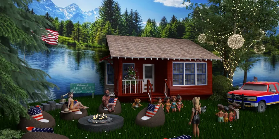 3D rendered cabin in a scenic lakeside setting with outdoor seating and firepit, featuring a cozy and festive design style, perfect for summer gatherings, utilizing Homestyler's real-time 3D rendering feature.