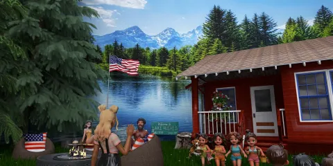 a group of animated characters enjoying a barbecue outside a cabin by a lake with a mountain backdrop, showcasing a cozy outdoor space in a rustic style; perfect for illustrating summer gathering interiors in Homestyler's design capabilities.