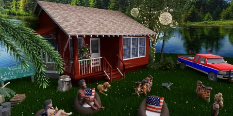 cozy red cabin surrounded by greenery and water, depicting a lively outdoor gathering with playful pets, furniture arrangement for relaxation, capturing a rustic lake house vibe with Homestyler's 3D rendering feature
