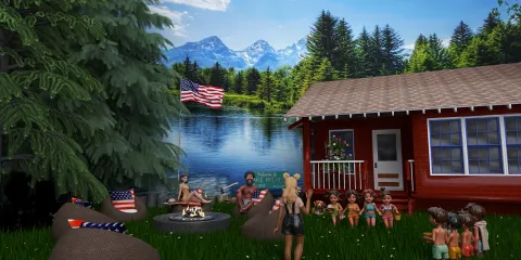 Outdoor scene featuring a lakeside cabin with people enjoying a campfire, set in a natural landscape with mountains and trees, showcasing a summer gathering atmosphere ideal for family activities, designed using Homestyler's real-time 3D rendering feature.