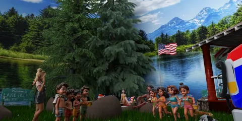 group of animated characters enjoying a lakeside camp scene with nature background and American flag, showcasing a vibrant outdoor ambiance in a family-friendly environment, utilizing Homestyler's AR virtual placement feature for spatial arrangement.