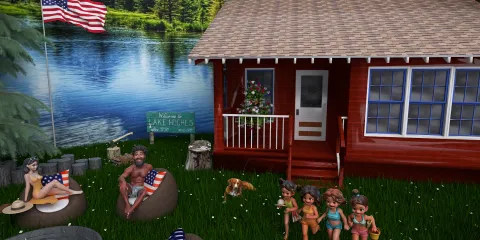 Family gathering outside a rustic cabin by the lake, enjoying a summer day in a vibrant outdoor setting, featuring animated characters, showcasing vacation vibes, using Homestyler's AR virtual furniture placement feature.