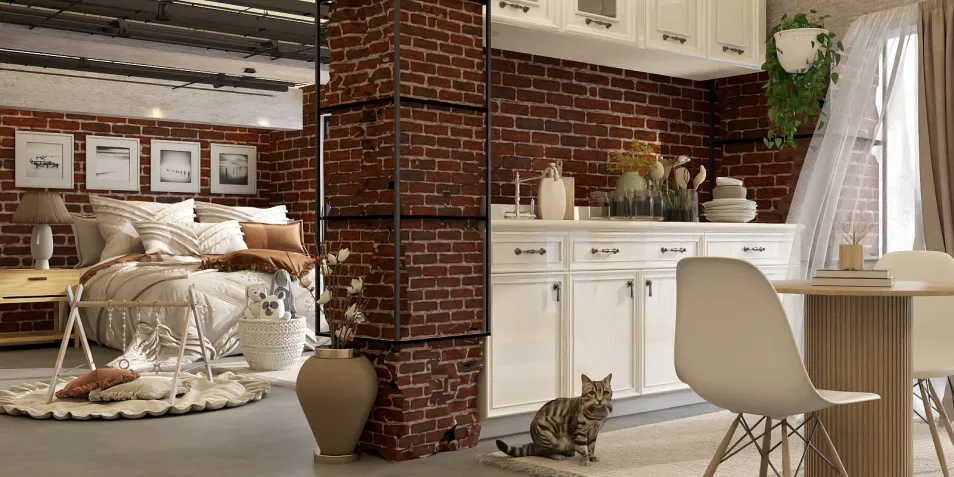 Cozy apartment interior design featuring a stylish bedroom and modern kitchen with exposed brick walls, showcasing an intelligent furniture arrangement to optimize small space efficiency, utilizing Homestyler's real-time 3D rendering feature.