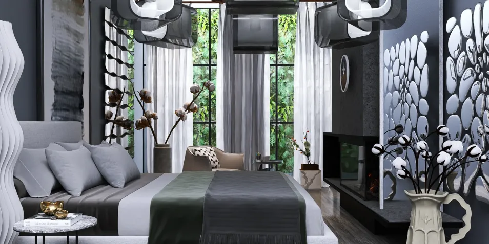 modern bedroom design featuring a sleek layout with smart furniture arrangement enhancing space utilization, utilizing Homestyler's real-time 3D rendering for a realistic preview of interior decor.