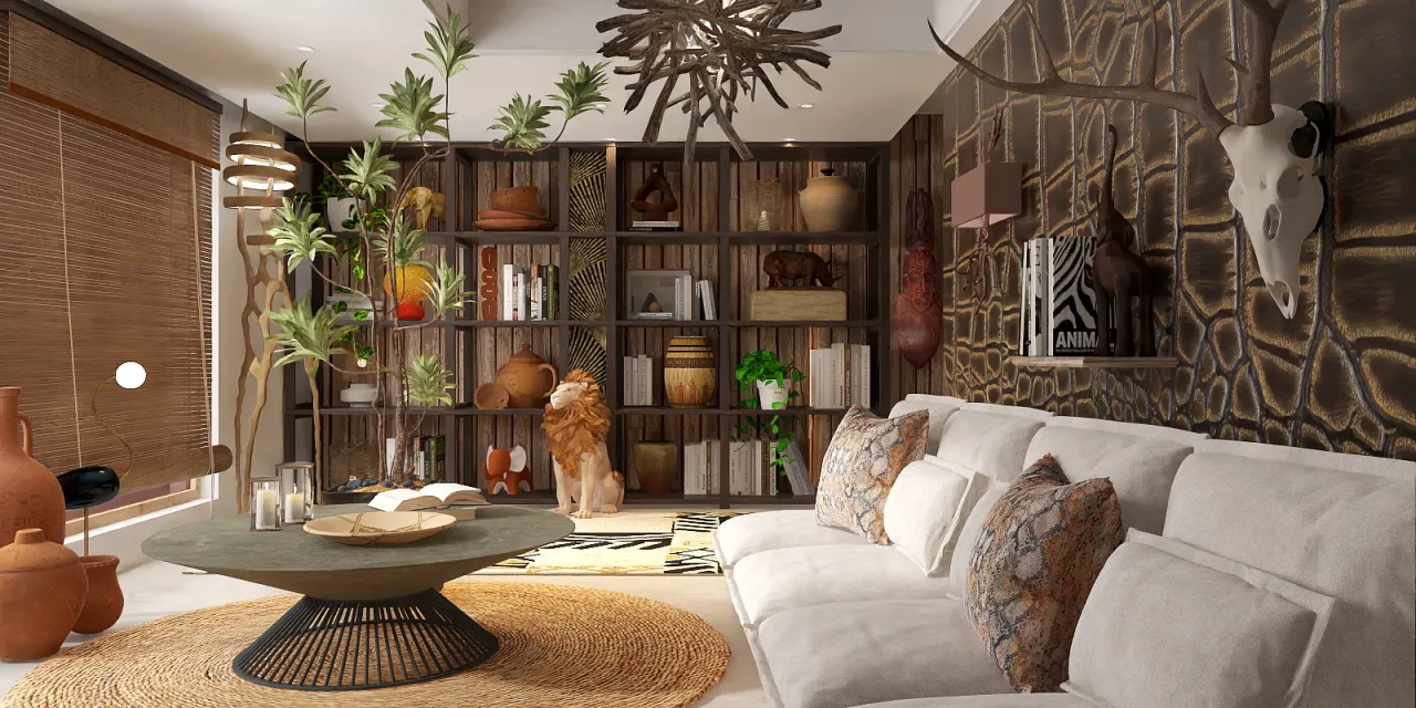 a living room with a couch, coffee table, and a book shelf 