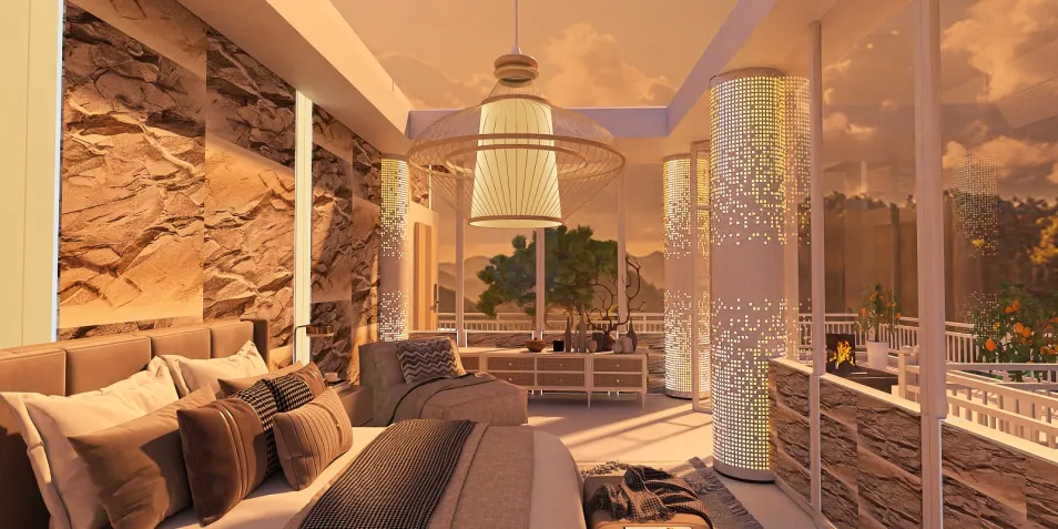 luxurious bedroom design showcasing large windows and unique lighting fixtures optimally utilizing Homestyler's real-time 3D rendering feature for immersive interior decor visualization.